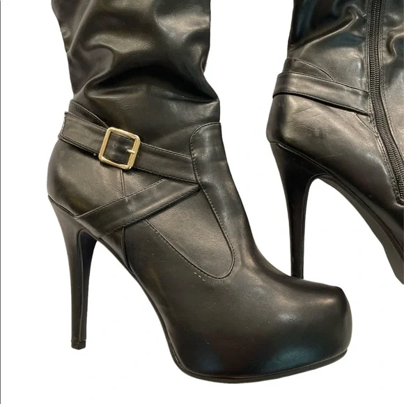 JustFab Over Knee Stiletto Platform Non Leather Black Boot Gold Buckle Detail 11 - Picture 2 of 7